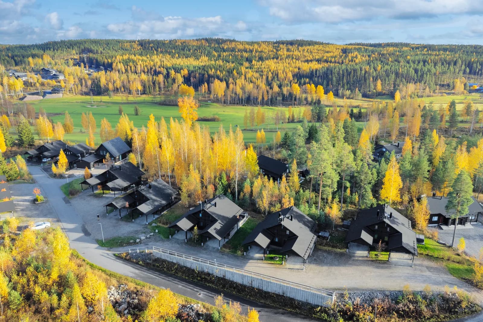 Drumic Resort from the air — cottages among autumn forest
